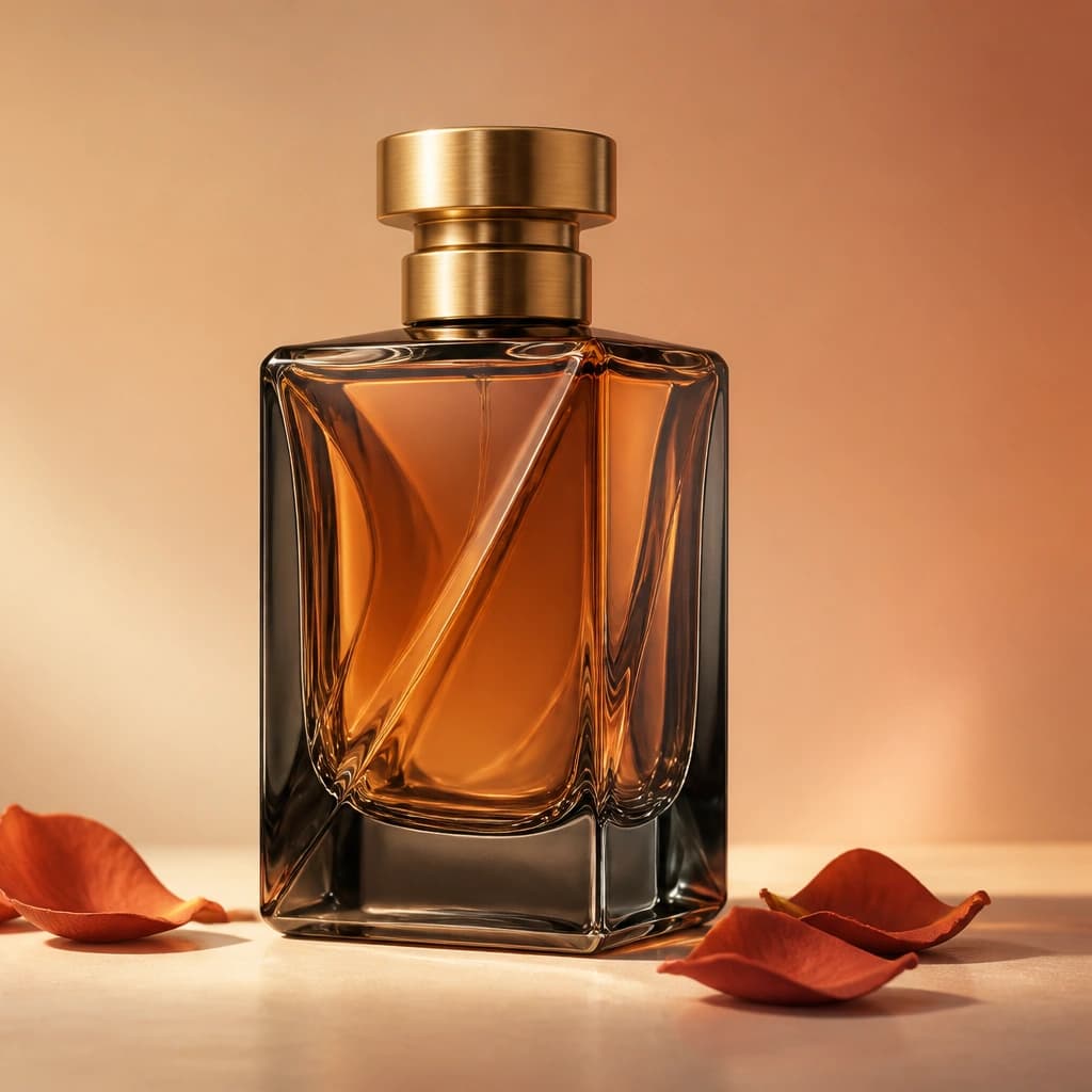 Amber perfume bottle in warm studio light